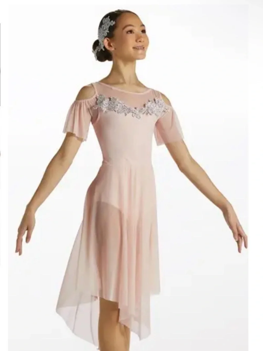 Weissman Pale Pink Chiffon Dance Dress with Silver Appliqué